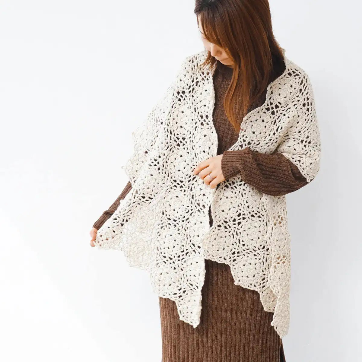 Raw Wool Knitworm Knitting Kit Japan - Motif Knitting Large Shawl Kit 1.Beige- Japan Figure Store - #1 Bring To You The Best Japanese Goods