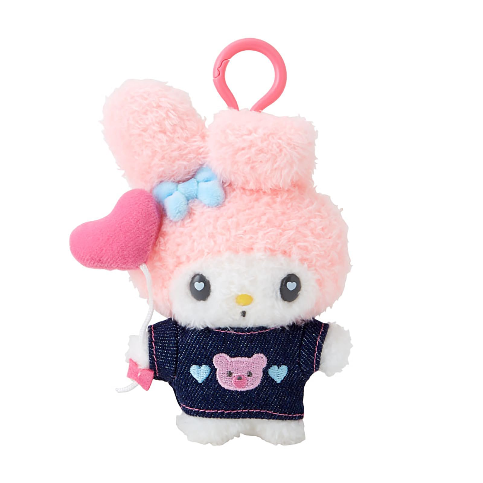 Porte-clés en peluche Sanrio My Melody avec patch en jean et breloque.