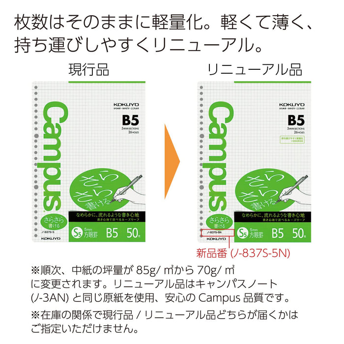 Kokuyo Campus Japan Loose-Leaf B5 5Mm Grid Ruled 50 Sheets No-837S-5N- Japan Figure Store - #1 Bring To You The Best Japanese Goods
