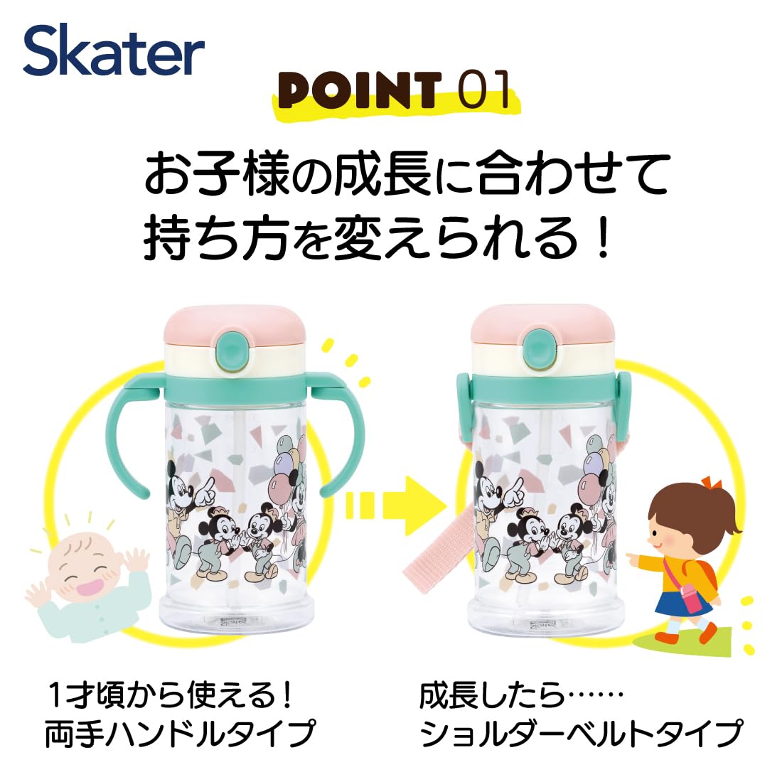 Skater Disney Mickey Friends Baby Straw Mug 370Ml Foldable Handle Shoulder Strap Suitable for Ages 1+- Japan Figure Store - #1 Bring To You The Best Japanese Goods