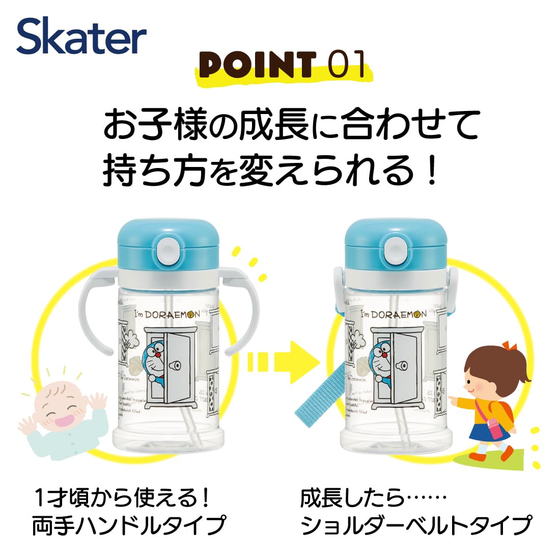 Skater Doraemon Baby Straw Mug 370ml with Foldable Handle and Shoulder Strap for Ages 1+- Japan Figure Store - #1 Bring To You The Best Japanese Goods