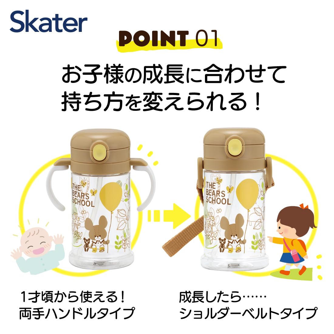 Skater Bear School Baby Straw Mug 370ml 1 Year and Up Foldable Handle with Strap- Japan Figure Store - #1 Bring To You The Best Japanese Goods