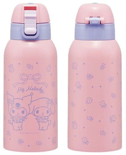 Skater My Melody & Kuromi Stainless Steel Kids Water Bottle 600Ml Wide Mouth Flower Design- Japan Figure Store - #1 Bring To You The Best Japanese Goods