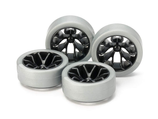 Tamiya Mini 4Wd 95412 Hard Low-Profile Tires Silver & Carbon Wheels Y Spoke- Japan Figure Store - #1 Bring To You The Best Japanese Goods